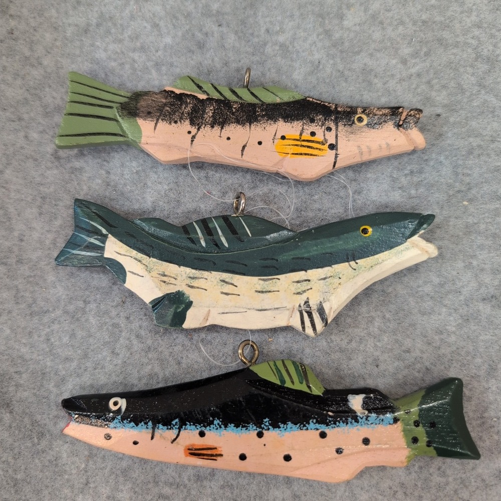 Fishing‎ Boat and Fish Ornaments Set Wood Hand Painted Nautical Lake Decor - Picture 3 of 3